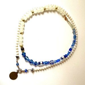 Glass Murano Necklace blue Crystals and white glass beads Saint Benito Medal